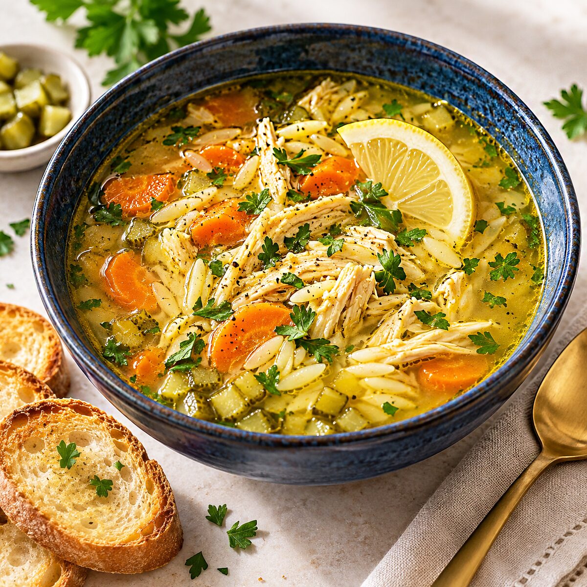 Golden chicken and orzo soup with carrots, parsley, pickles and a lemon wedge